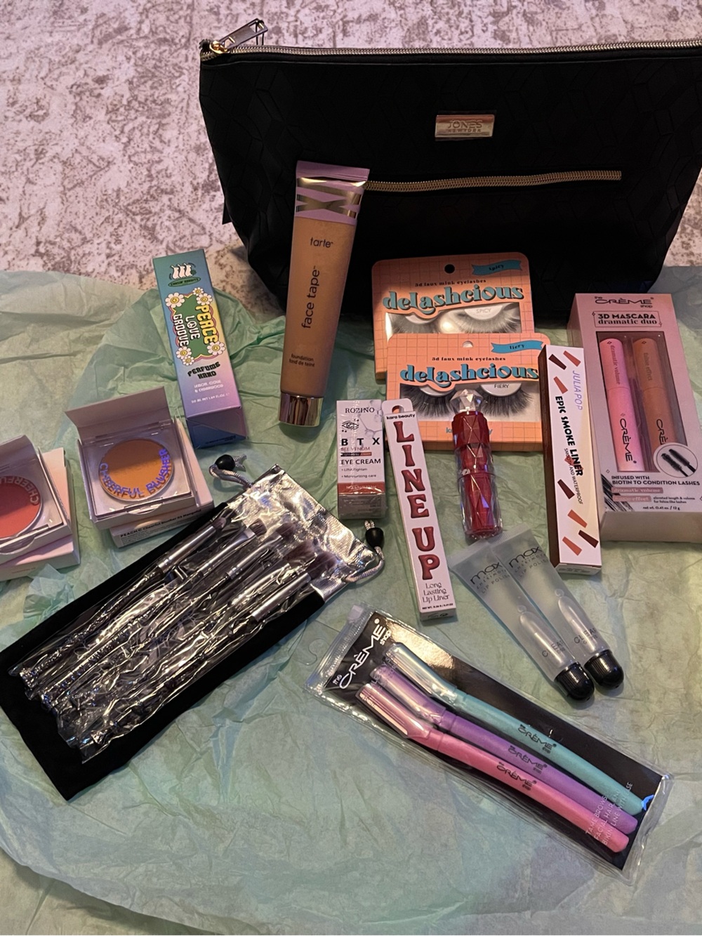 Assorted Makeup & Beauty Tools with Black Quilted Zip Pouch